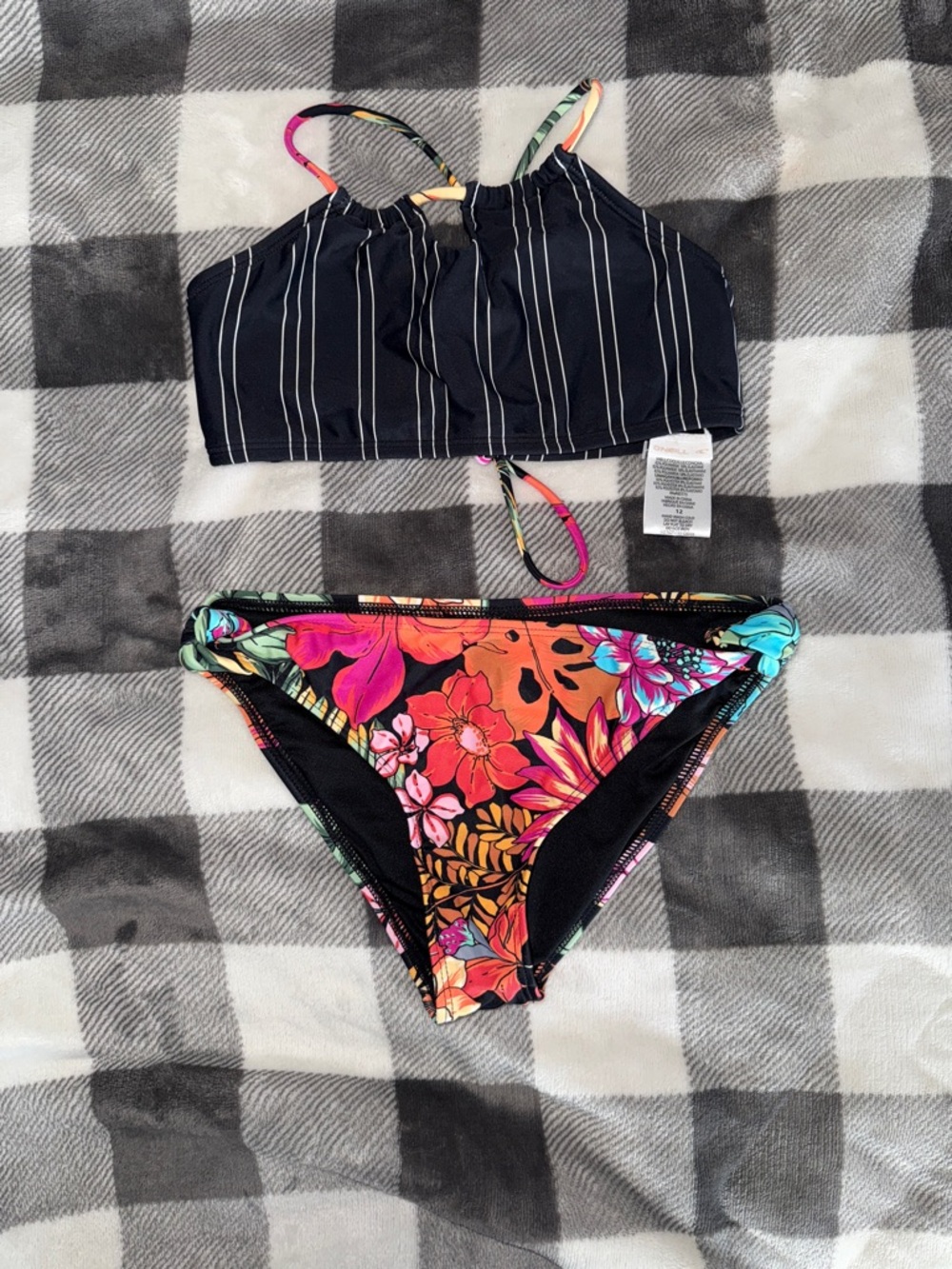 Girls ONEIL Striped Black Bikini Top with Tropical Floral Bottom